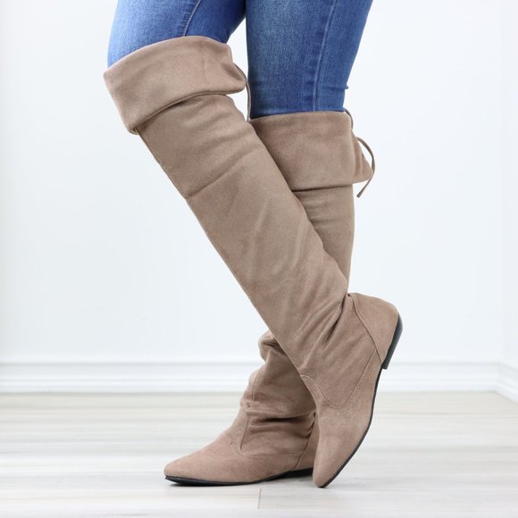 Fold Over Taupe Thigh High Over The Knee Flat No Heel Boots Faux Suede Pointed - Picture 10 of 14